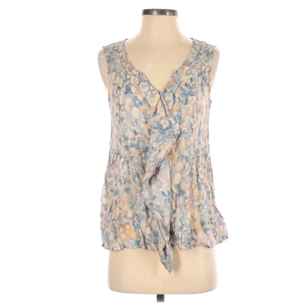 Anthropologie Watercolor Sleeveless Ruffled Blouse